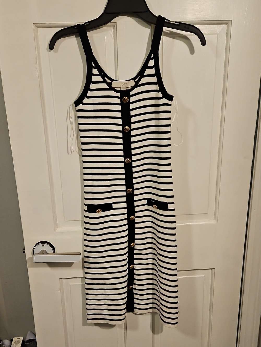 LOFT Black and White Striped Button-Front Midi Dress